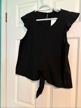 Molly Bracken Black Tie-Front Flutter Sleeve Blouse